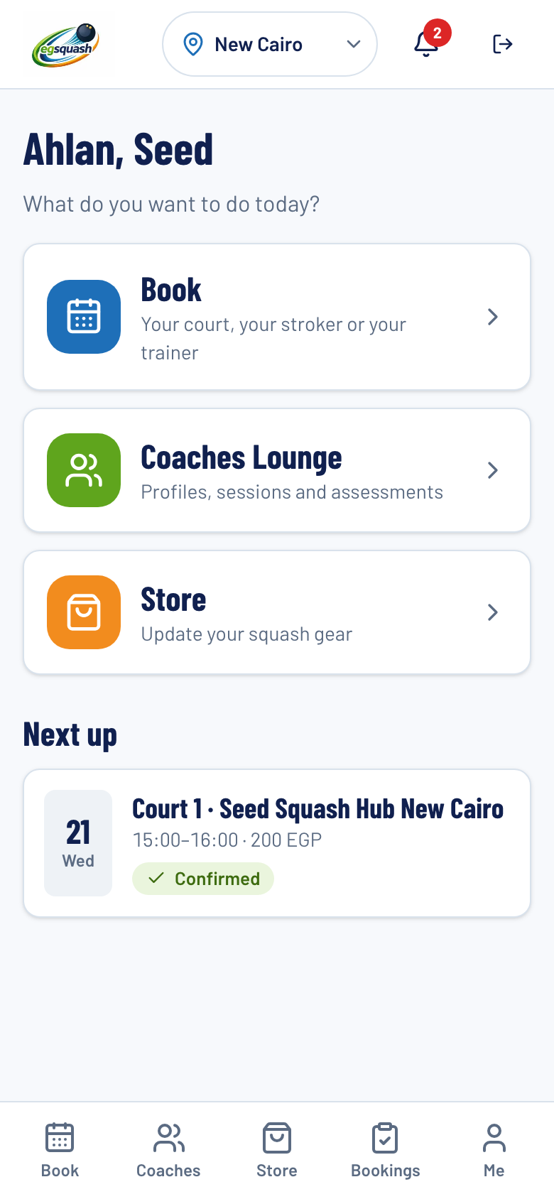Player home screen with upcoming bookings and quick links